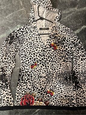 Ed Hardy Leopard Print Hoodie with Butterfly, Leopard & Rose Accents